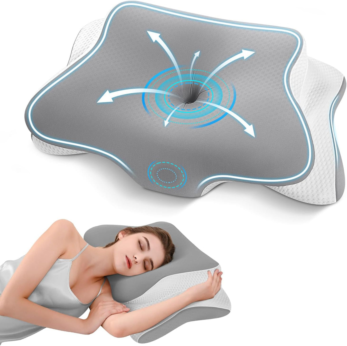 Almohada mariposa Nuvalma en uso, durmiendo de lado
