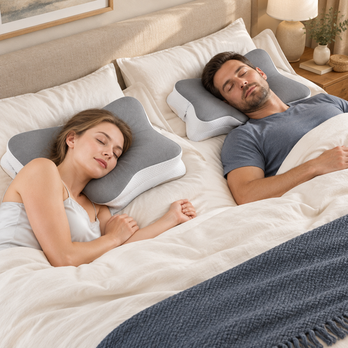 Pareja usando las almohadas cervicales Nuvalma en una cama de matrimonio